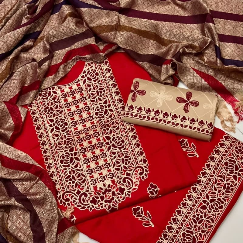 Marina Fabric Ari work with shawl Dupata 3pc suit