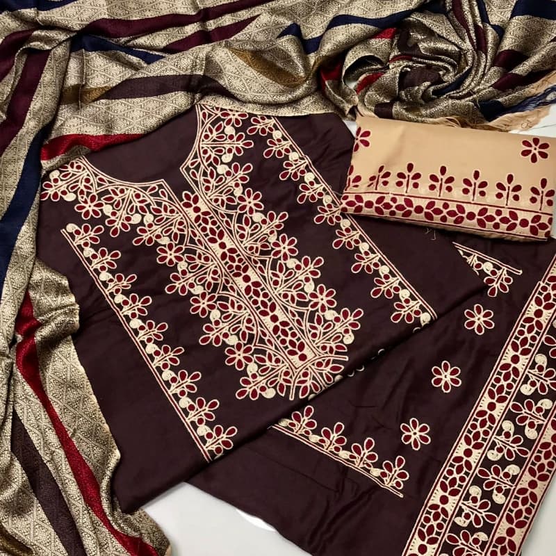 Marina Fabric Ari work with shawl Dupata 3pc suit