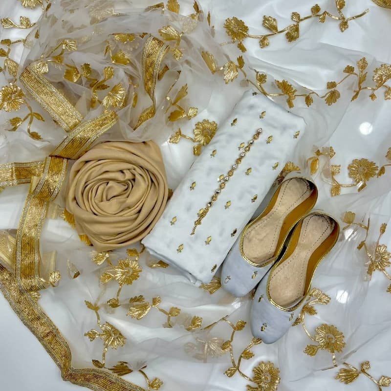 3pc dress fancy 
Shirt shamoze silk embroidered with neck line 
Dupata net 