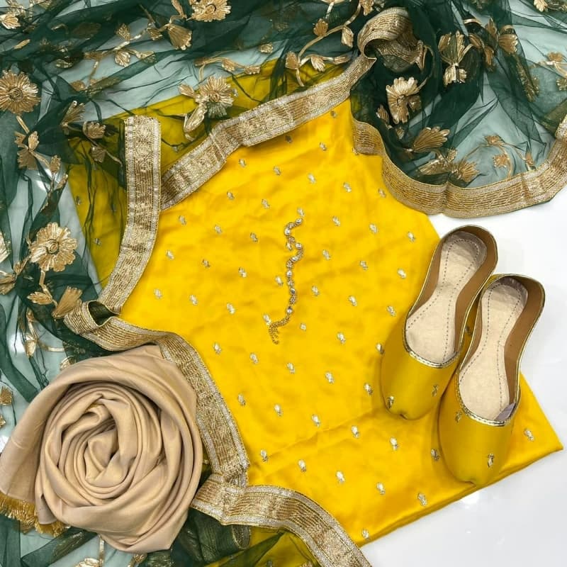 3pc dress fancy 
Shirt shamoze silk embroidered with neck line 
Dupata net 